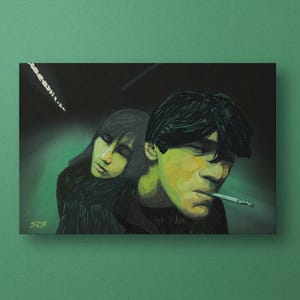 Lámina artística A5 de Ángeles Caídos: arte mural inspirado en Wong Kar-Wai, póster de pareja melancólica, estética de cine independiente, ilustración cinematográfica de fumar