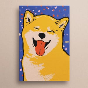 Shiba Inu Kunstdruck – Farbenfrohe A5 Hundeillustration, japanische Hundewandkunst, süßes Geschenk für Hundeliebhaber, lebendiges Pop Art Tierposter