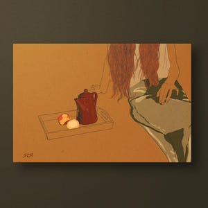 Cozy Morning A5 Kunstdruck – Warme minimalistische Stillleben Illustration, weiches ästhetisches Poster, feminines Frühstücks-Wanddekor