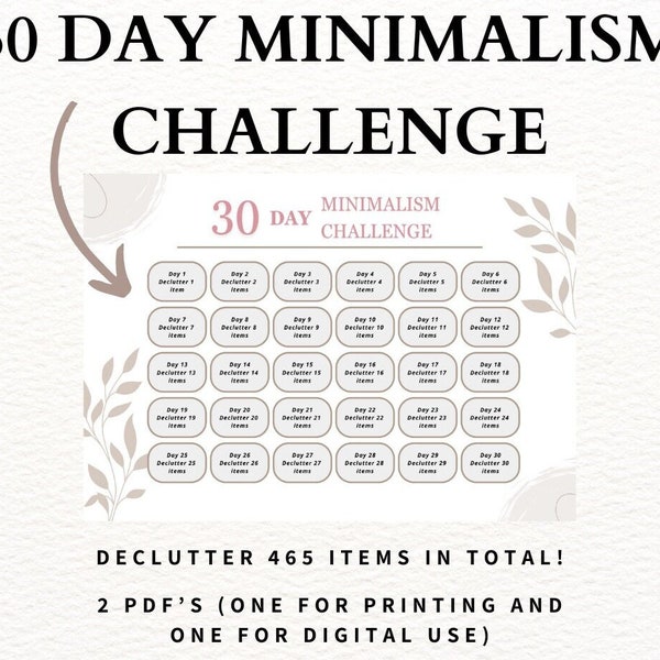 30 Day Minimalism Challenge - 30 Day Decluttering Challenge Printable PDF a4