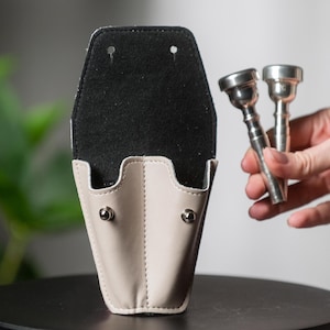 Trumpet MOUTHPIECE POUCH. Double holder for trumpet mouthpieces, crafted from leather case. Protective mouthpiece bag Secure storage