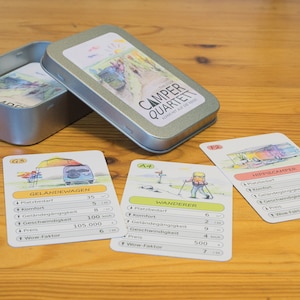 Camper quartet - quartet card game with Bulli, hiker, bike in metal box for travel children family