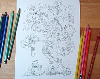 Coloring sheet tree house with vision for adults and detail-loving children, coloring template to print out with plants and nature to color in