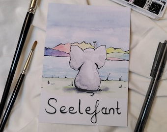 Greeting card with elephant at the lake, let your soul dangle postcard, puns hand lettering, handpainted with watercolor print