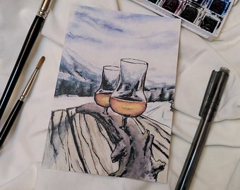 Postcard winter landscape with whisky, liqueur, stone pine, schnapps, grappa glasses, watercolor handpainted