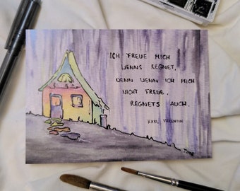 Colorful greeting card with a saying by Karl Valentin that makes you happy, hand-painted in watercolor and ink