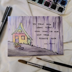 Bunte Grußkarte mit Spruch von Karl Valentin die Freude macht, handgemalt in Aquarell und Tusche