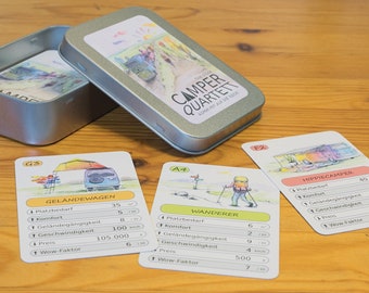 Camper quartet - quartet card game with Bulli, hiker, bike in metal box for travel children family