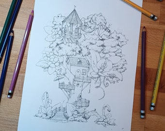 Treehouse coloring sheet for adults and detail-loving children, coloring template to print out with animals and nature to color in