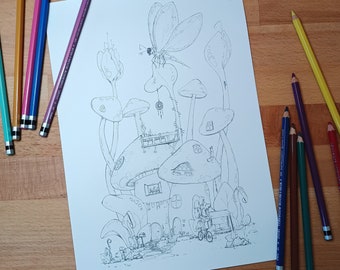 Coloring sheet with houses in mushrooms and dragonfly for adults and detail-loving children, coloring page to print with plants to color