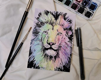 Greeting card for Leo zodiac sign, colorful postcard handpainted with watercolor and ink