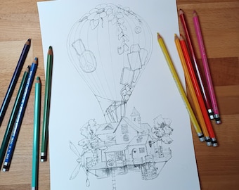 Balloon trip coloring sheet for adults and detail-loving children, coloring template to print out with houses on the balloon to color