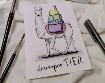 Postcard for moving in or moving in, greeting card with colorful llama and puns hand lettering. Transport animal
