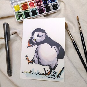 Puffin Puffin Postcard Greeting Card Ink Watercolor Painted image 1