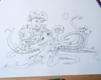 Coloring sheet octopus squid fantasy world for adults and detail-loving children, coloring template for printing and coloring