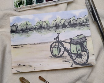 Bicycle painted with luggage, lake, postcard, greeting card travel wanderlust