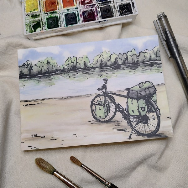 Bicycle painted with luggage, lake, postcard, greeting card travel wanderlust