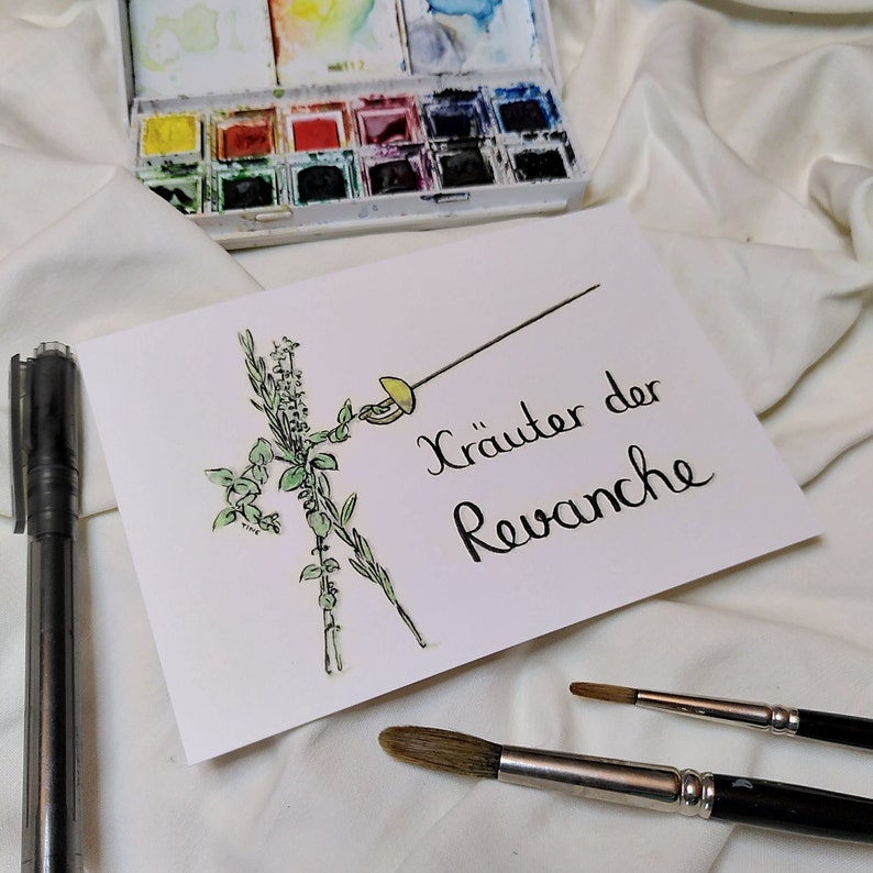 Watercolour painting for the kitchen, greeting card with herbs of Provence, puns for chefs image 7