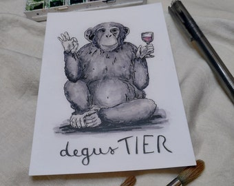 Monkey Tasting wine, postcard in watercolor with hand lettering, greeting card lovers winemaker animal wit humor