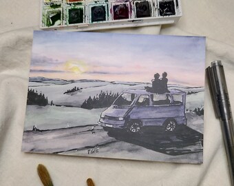 Bulli, VWBus, sunset, postcard, greeting card, happiness