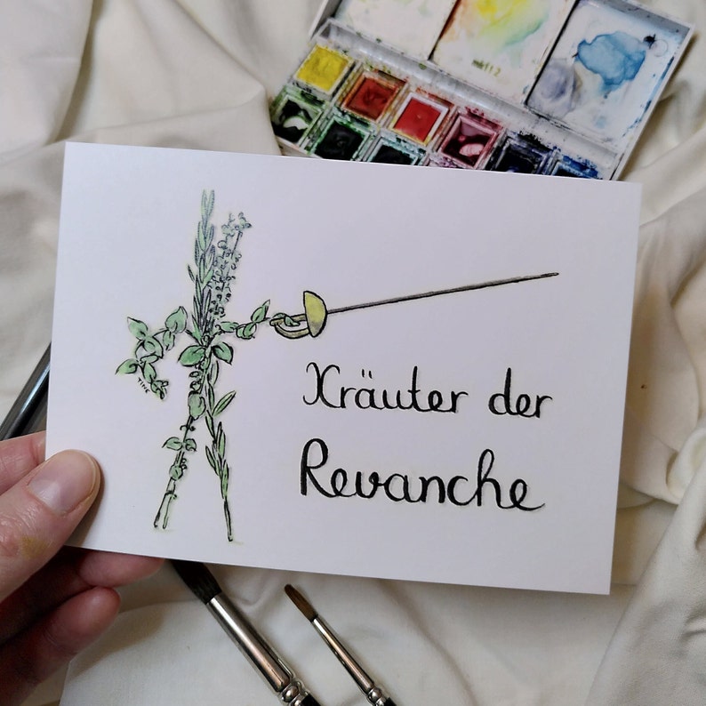 Watercolour painting for the kitchen, greeting card with herbs of Provence, puns for chefs image 5