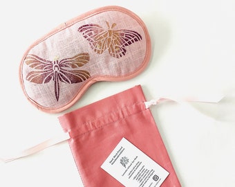 Butterfly Eye Sleep Mask | Lavender Infused | Pink Eye Mask | Hand Printed | Travel, Relaxation and Meditation | Handmade in Linen