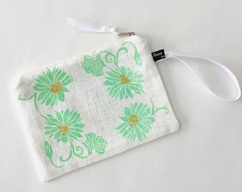 Linnen make-up tas | Daisy linnen make-uptas| Linnen zak met ritssluiting | Make-up Tas | Handgedrukte portemonnee