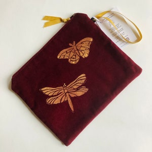 Samt Schminktäschchen | Schmetterling mit Libelle Samt Schminktasche| Samt-Reißverschlusstasche | Schminktäschchen | Handbedruckte Geldbörse