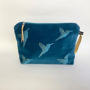 Hummingbirds Teal Velvet Makeup Bag | Cosmetic Bag | Luxury Velvet Makeup Bag | Toiletry Bag | Zip-up Pouch | Luxury Velvet Clutch