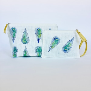 Makeup Bag Peacock Feathers | Cosmetic Bag Peacock Feathers | Luxury Linen Makeup Bag | Toiletry Bag | Zip-up Pouch | Luxury Linen Clutch