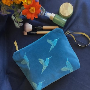 Hummingbird Teal Velvet Makeup Bag, Hand Printed Cotton Velvet Clutch