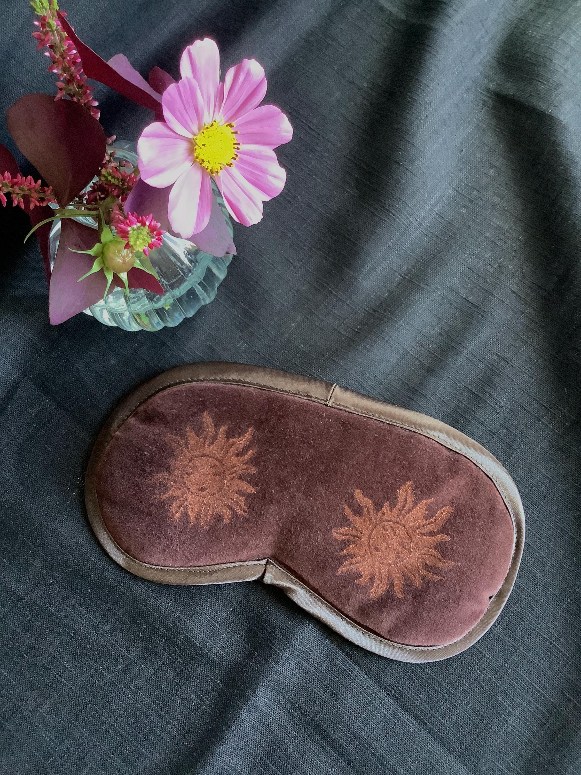 Chocolate Brown Sun Velvet Eye Mask, Hand printed Lavender Sleep Mask