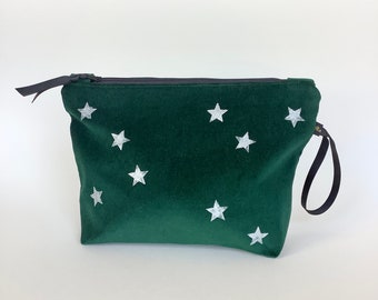 Makeup Bag Silver Stars | Cosmetic Bag | Luxury Velvet Makeup Bag | Toiletry Bag | Zip-up Pouch | Luxury Velvet Clutch