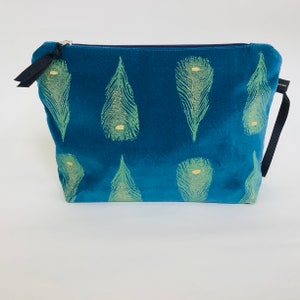Teal Luxus Samt Pfauenfedern Make-up Tasche | Kosmetiktasche | Luxus Samt Make-up Tasche | Kulturbeutel | Luxus Samt Clutch