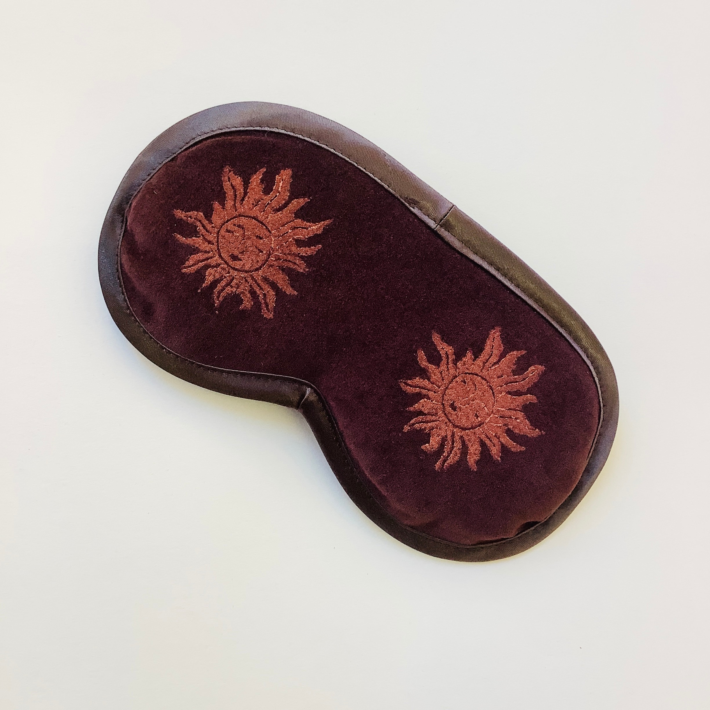 Chocolate Brown Sun Velvet Eye Mask, Hand printed Lavender Sleep Mask