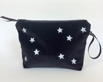 Makeup Bag Silver Stars | Cosmetic Bag | Luxury Velvet Makeup Bag | Toiletry Bag | Zip-up Pouch | Luxury Velvet Clutch