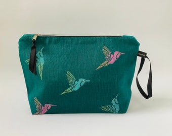 Green Hummingbirds Linen makeup bag | Green Hummingbirds Cosmetic Bag | Luxury Linen Makeup Bag | Toiletry Bag | Luxury Linen Clutch