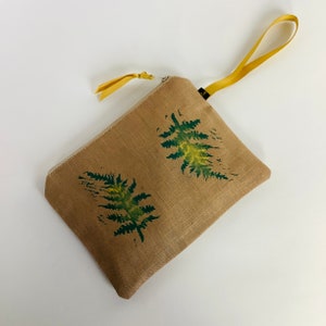 Linen Makeup Bag | Fern Print Linen Makeup Bag| Emerald Green Fern Linen Zip-Up Pouch | Makeup Bag | Hand printed Purse