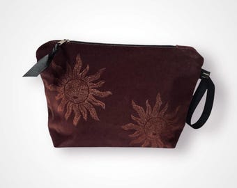 Chocolate Velvet Makeup Bag: Copper Sun Design, Recycled Grosgrain Strap