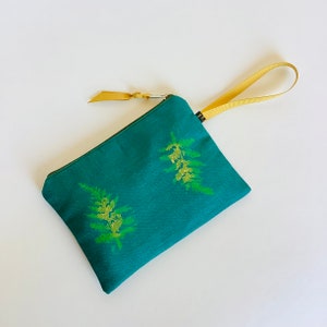 Linen Makeup Bag | Fern Print Velvet Makeup Bag| Emerald Green Fern Linen Zip-Up Pouch | Makeup Bag | Hand printed Purse