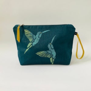 Bolsa de maquiagem de linho grande beija-flor azul-petróleo | Saco cosmético dos colibris da cerceta | Bolsa de maquiagem de linho luxuosa | Bolsa de higiene | Embreagem de linho de luxo