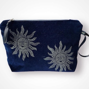 Bolsa de maquiagem grande de veludo azul meia-noite | Bolsa de cosméticos | Bolsa de maquiagem de veludo de luxo | Bolsa de higiene | Bolsa de mão de veludo de luxo