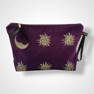 Purple Sun and Moon Linen Makeup Bag: Celestial Cosmetic Bag