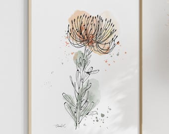 Impresión artística de alfiletero con acuarela y arte lineal