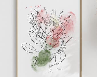 Impresión artística de Protea en acuarela y arte lineal