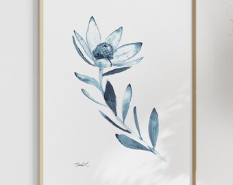 Impresión artística en acuarela de fynbos azul índigo