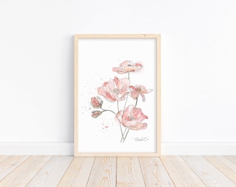 Aquarell rosa Mohnblumen - Digital Download