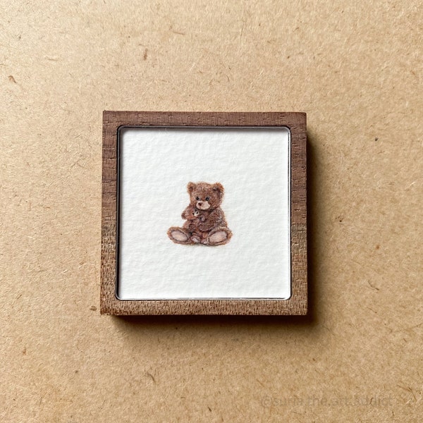 Tiny mamma & baby teddy bear(10 x 11 mm) - Original miniature watercolor painting with wooden frame.