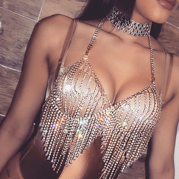 Shiny Rhinestone Bikini Bra Chest Waist Body Chain Harness Necklace Jewelry 