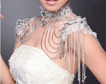 Lace Shoulder Necklace, Bridal Collar Necklace, Wedding Shoulder Ornaments, Chain Fringed Shoulder, Crystal Body Jewelry